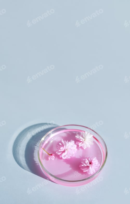 Preview: Floating Flowers in Pink Liquid on Blue Surface