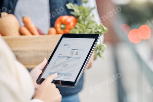 Preview: Tablet in hands, digital invoice and delivery man with small business stock, owner and supply chain