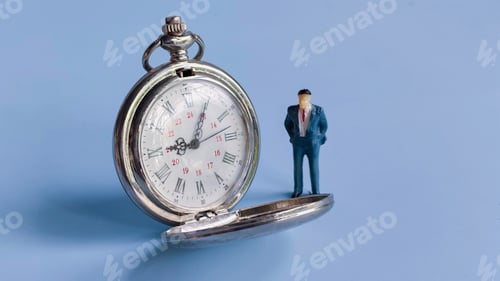 Preview: Miniature Businessman Standing Beside an Open Pocket Watch on a Blue Background
