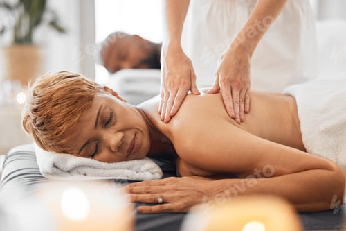 Preview: Spa, wellness and black woman at couple massage for romantic date, holiday and vacation. Relax, hea