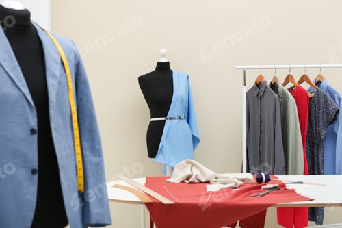 Preview: Mannequin with blue cloth in tailor studio