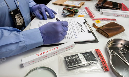 Preview: Specialised police officer Counting dollar banknotes in crime lab, conceptual image