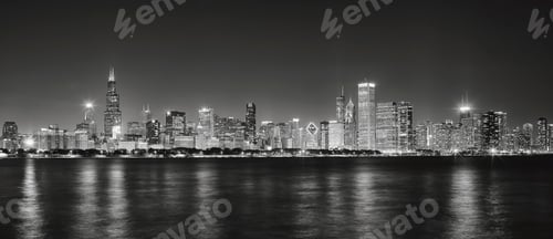 Preview: Black and white panoramic picture of Chicago city skyline at nig
