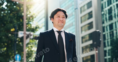 Preview: Man, smile or travel in city for business, morning commute or career pride in Tokyo. Mature profess