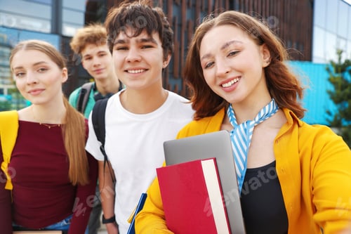 Preview: Group of happy teenagers taking selfie outdoors, selective focus