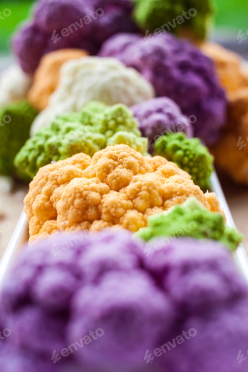 Preview: Orange, green, white and purple cauliflowers