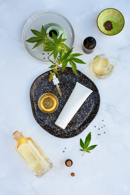 Preview: Cosmetics CBD oil. Cosmetic Products with cannabis Oil, tincture Flat lay