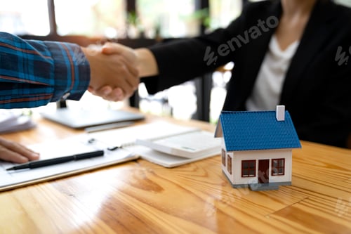 Preview: Real estate agents and customers shake hands together celebrating a finished contract after about ho