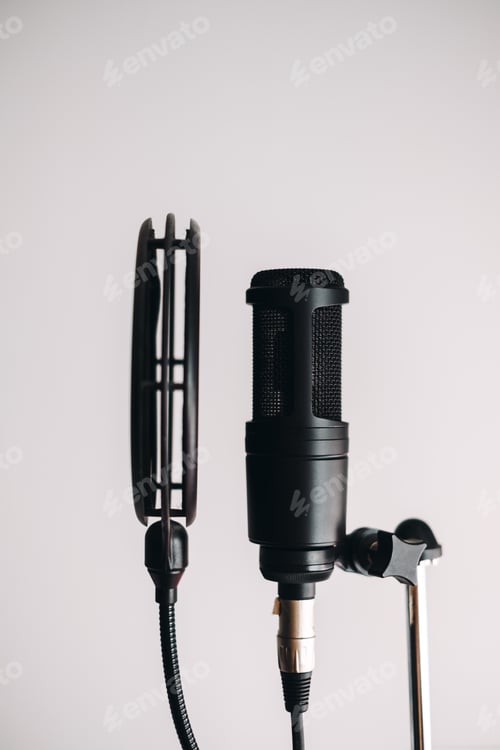 Preview: Black condenser microphone on stand with pop filter isolated on gray background