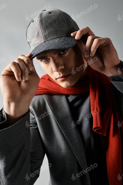 Preview: Cool young man in a cap and scarf showcases his fashion sense in an urban atmosphere.
