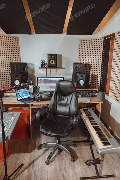 Preview: Engineer workplace for broadcasting. Music rehearsal space with drum kit and musical equipment.
