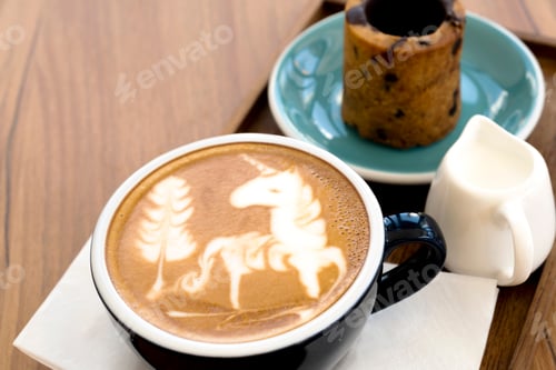 Preview: Hot Latte With Cookies On A Wooden Table
