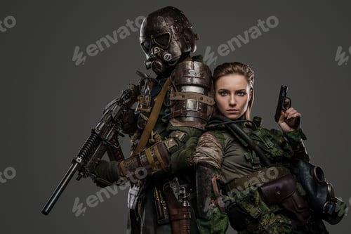 Preview: Apocalyptic soldiers with pistol and shotgun against gray background