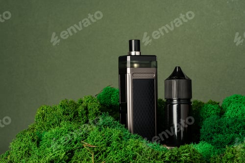 Preview: Vape smoking liquid bottles on moss background