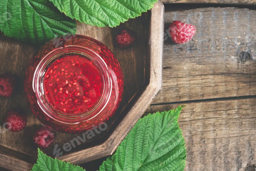 Preview: Homemade raspberry jam and fresh berries. Top view with copy space