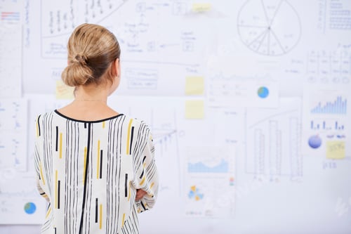 Preview: Businesswoman analyzing reports on the wall