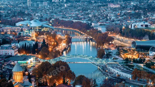 Preview: Tbilisi, Georgia. Top View Of Famous Landmarks In Night Illuminations. Georgian Capital Skyline