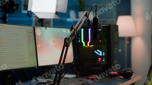 Preview: Game is over on display of RGB professional powerful computer in empty room