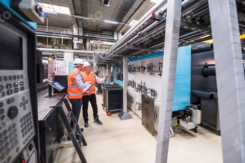 Preview: Two men wearing safety vests and hard hats talking in factory shop