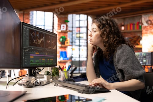 Preview: Female filmmaker editing montage and video clips with creative software