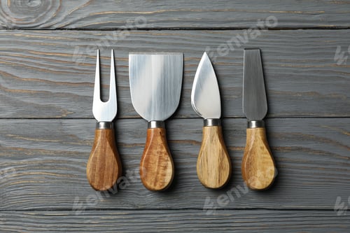 Preview: Cheese knives on wooden background, top view and space for text