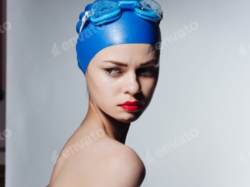 Preview: sporty woman with red lips cap for swimming workout emotions