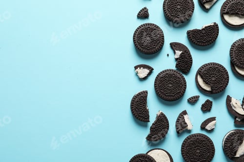 Preview: Tasty chocolate cookies with cream on color background, flat lay. Space for text