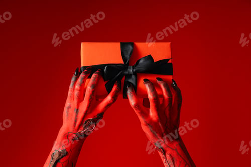 Preview: Spooky, red monster hands hold a gift