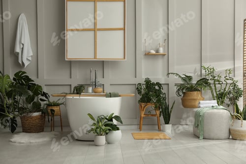 Preview: Stylish bathroom interior with green plants. Home design