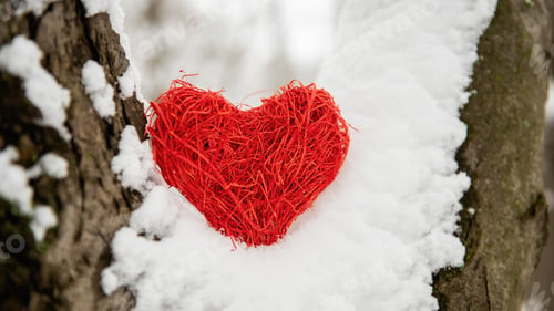 Preview: On white snow, a rattan red heart against the backgroundof a snowy forest. Holiday card with love