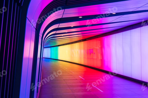 Preview: Modern futuristic open-road tunnel illuminated with colorful lights