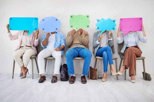 Preview: Business, recruitment and people with speech bubble in office for interview, faq or advice with moc