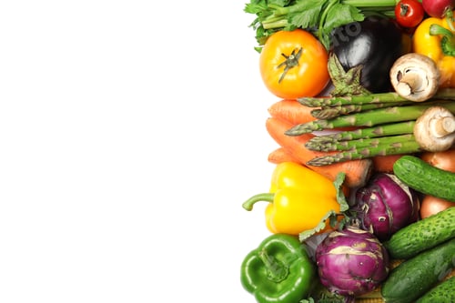 Preview: Assortment of fresh vegetables on white background, top view. Space for text