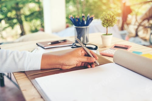 Preview: Business woman hands writing on notebook. Work outdoor.