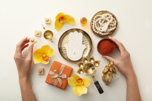 Preview: Copper utensils, spices, flowers, gift box, Hamsa and hands on white background, top view