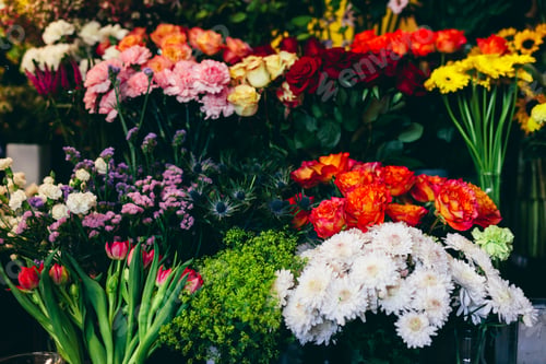 Preview: Colorful flowers on flower market.