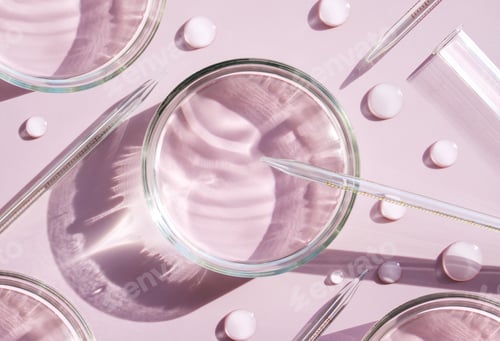Preview: serum in petri dishes on light pink background cosmetic research concept