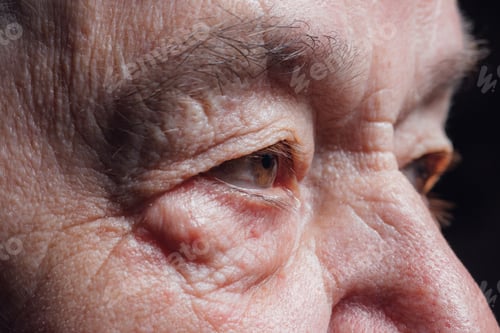 Preview: Seniors eyes close up, contemplative old caucasian woman