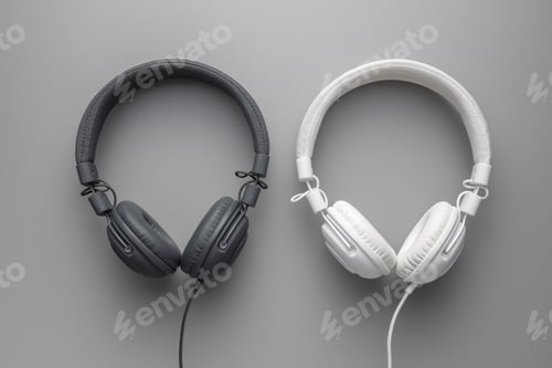 Preview: White and black wired stereo headphones on gray background.