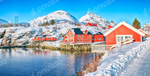 Preview: Marvelous snowy morning cityscape of Sorvagen town and port.