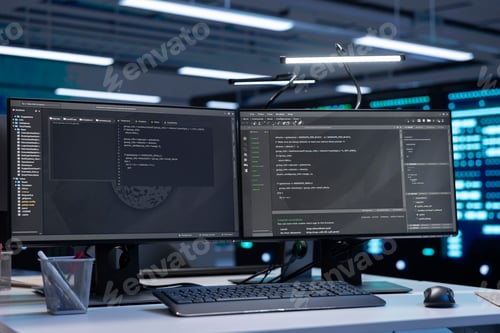 Preview: Close up of computers and server racks rows controlling network resources