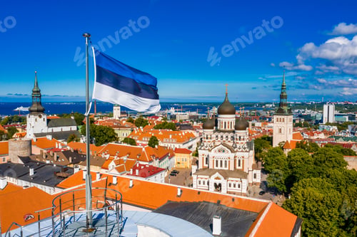 Preview: Aerial view of the Estonian flag waving on the Tall Hermann Tower ,Tallinn, Estonia