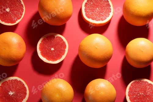 Preview: Cut and whole ripe grapefruits on red background, flat lay