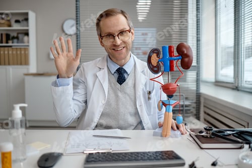 Preview: Portrait of Middle Aged Caucasian Man Urologist Waving during Consultation