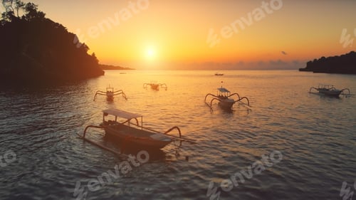 Preview: Drone Flight over Sunset Ocean. Boats sailing