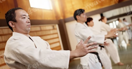 Preview: Black belt students, aikido or learning martial arts in dojo for practice, body movement or self de