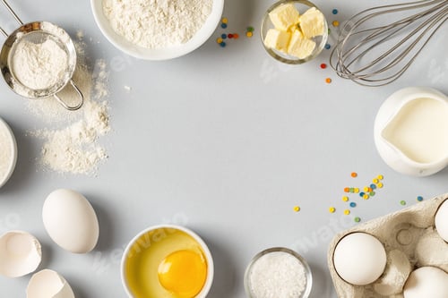 Preview: Background with ingredients for cooking, baking, flat lay.