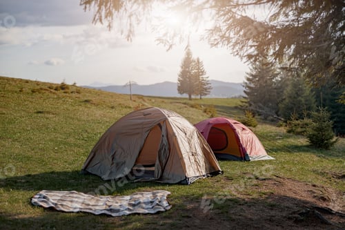 Preview: Two tents on top of mountains chain. Place for stop for rest and night. Vacation