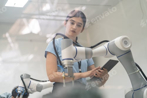Preview: Robotic Arm engineer check on equipment in its with software of Artificial Intelligence Unit.