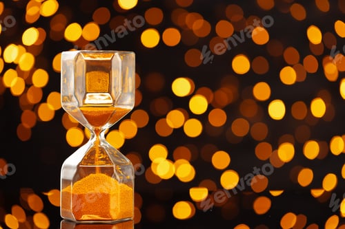 Preview: Golden hourglass against bokeh lights, Christmas background